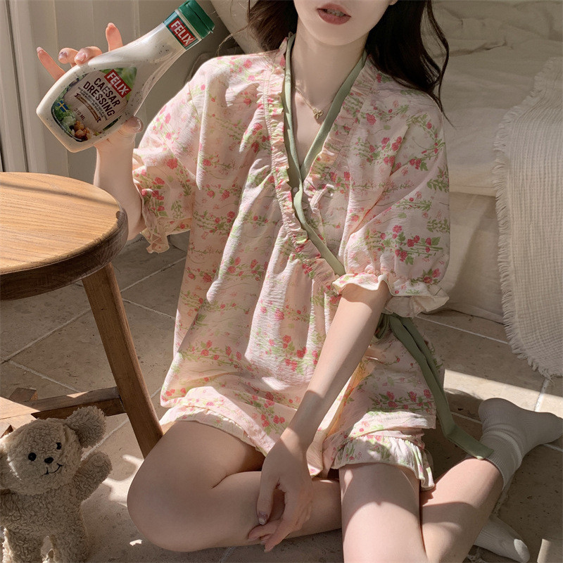 [Yunrouju]Kimono lengan pendek wanita dengan katun awan dan piyama bunga pastoral Jepang