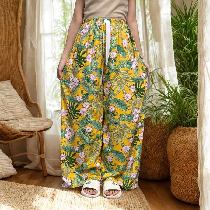 Kulot Panjang 100Cm Katun Rayon Celana Panjang Motif Bunga Celana Santai Wanita Nyaman