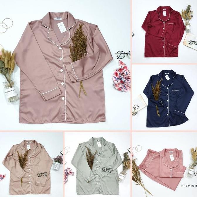 Piyama Wanita Set Satin Premium Lengan Panjang + Celana Panjang Baju Tidur Wanita / Pp Satin