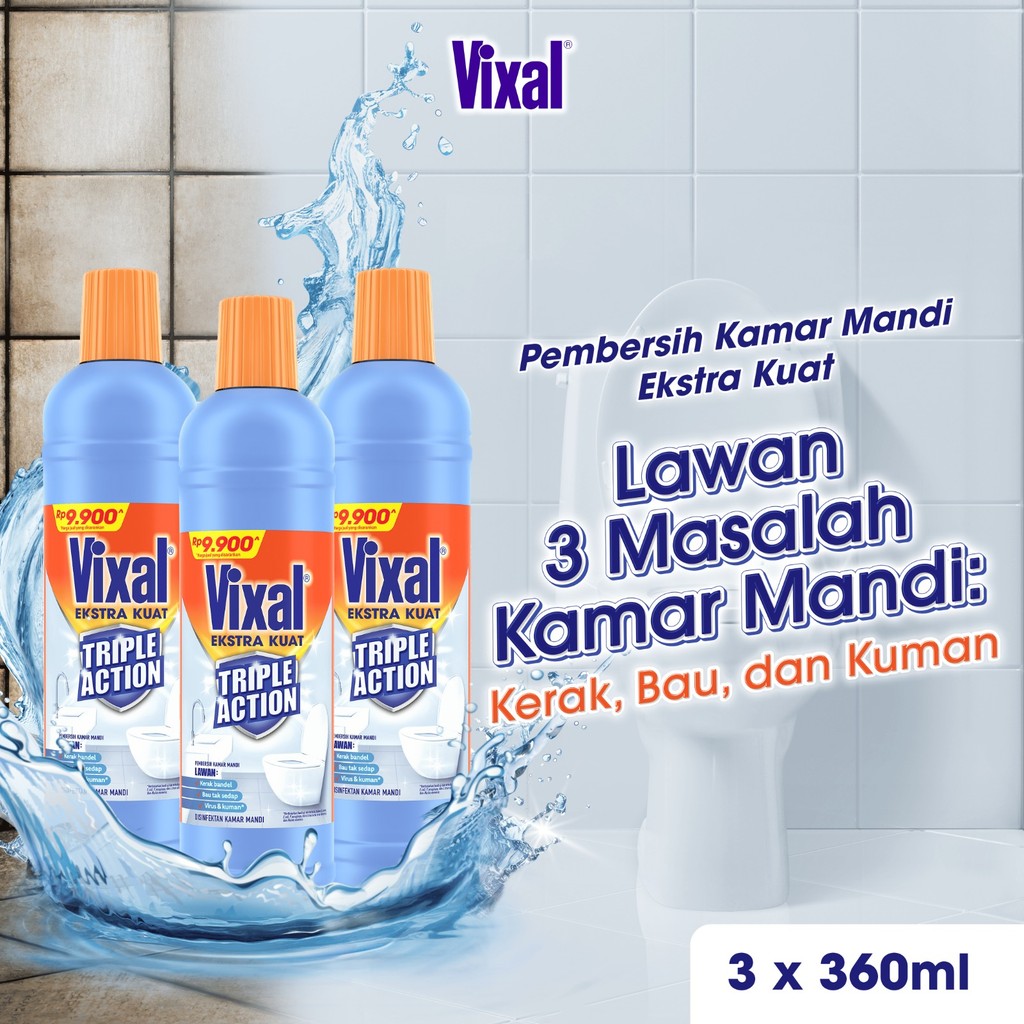 Vixal Pembersih Porselen & Kamar Mandi HCl Anti Kerak Bandel Ekstra Kuat 360 Ml x3