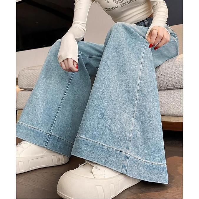 Promo Uouo.IdBiru Muda Baggy Celana Jeans Panjang Wanita Highwaist Straight Wide Leg Causual Hiphop 
