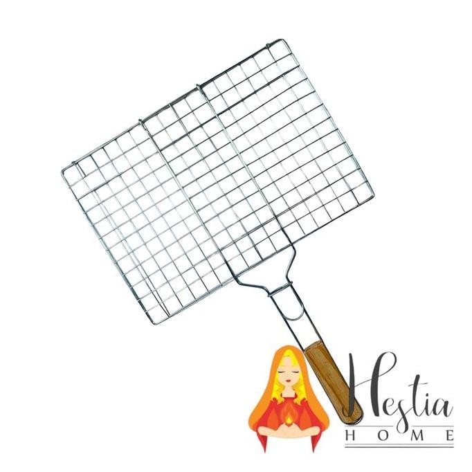 Panggangan Ikan Gagang Kayu Alat Panggang Jepit Stainless Multiguna