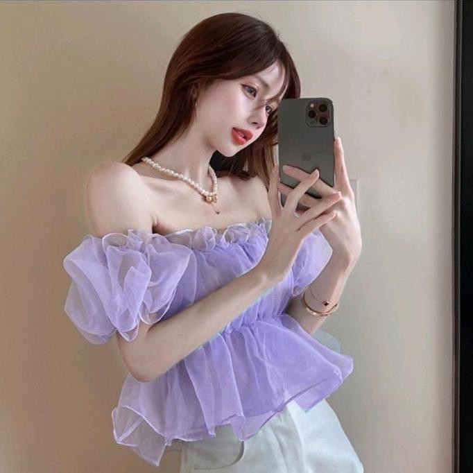 Atasan Top Sabrina Korea Style Lengan Pendek / Pakaian Wanita Lengan Pendek Kerut Kaca Organza 930 P