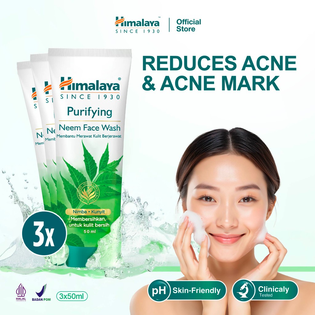 ( PAKET HEMAT ISI 3 ) Himalaya Purifying Neem Face Wash 3 x 50ml - Sabun Cuci Muka Untuk Jerawat Acn