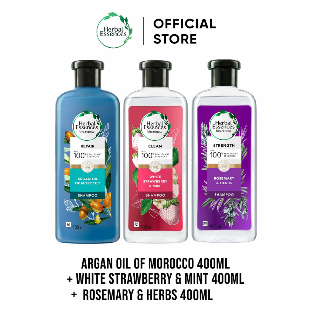 Herbal Essences Sampo Repair Argan Oil + Clean White Strawberry & Sweet Mint + Moisturize Rosemary &