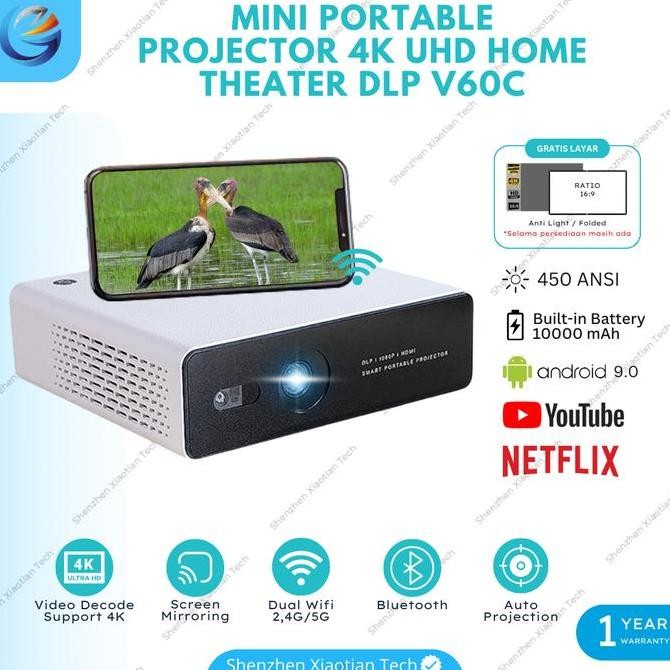 DT7 >> DLP Projector V60C 450 ANSI Lumens RAM 1/32GB 1080P Support 4K UHD | Proyektor Mini Smart And