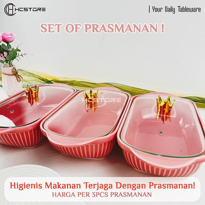 [SET 3PCS PRASMANAN] Prasmanan Keramik Piring Saji Piring Lauk Tempat Lauk Tutup Kaca  Crown Microwa