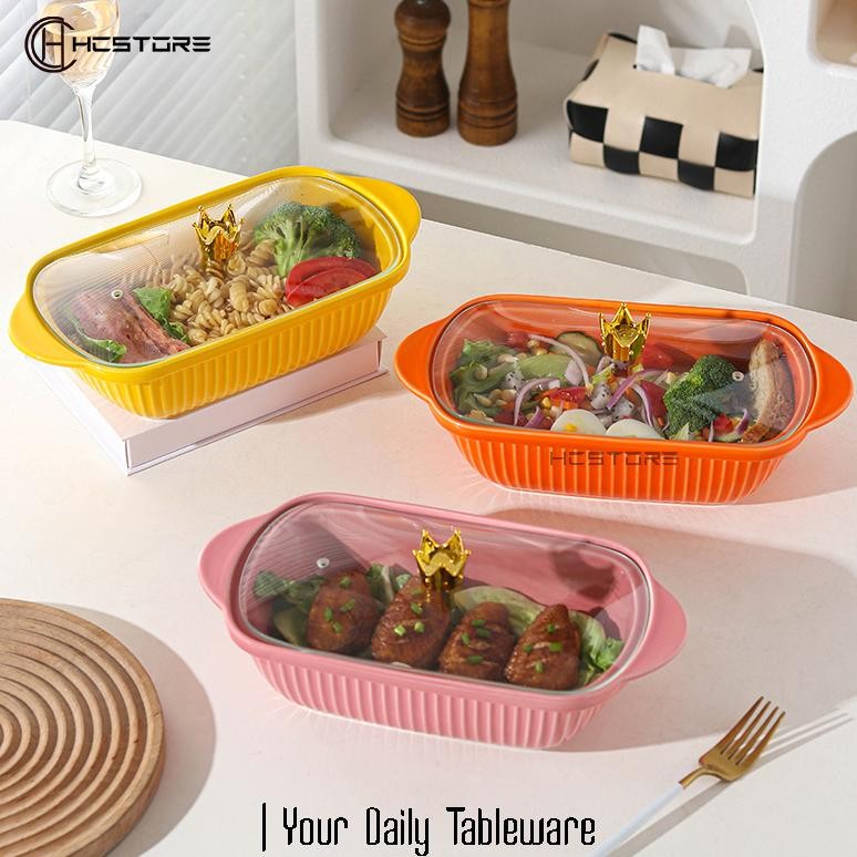 Prasmanan Single Keramik Piring Saji Keramik Tutup Kaca Crown Microwave Safe