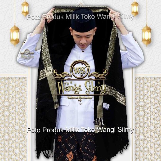 Sorban Kashmiri Arifat Hitam Motif Emas - Sorban Panjang Habib 2 Meter Kualitas Terbaik Harga Termur
