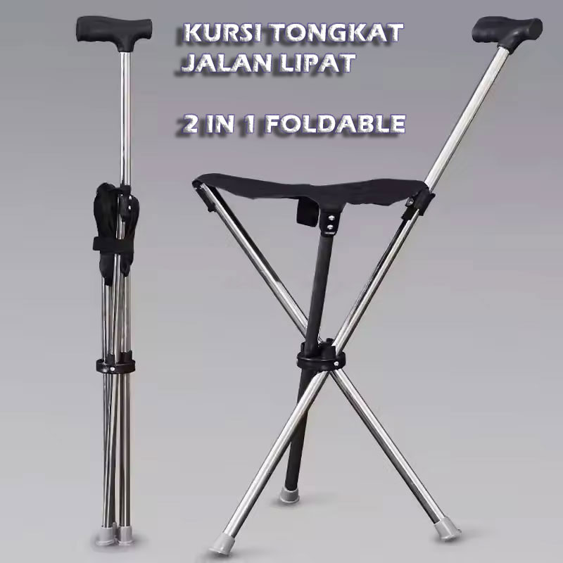 Kursi Lipat, Kursi Portable, Kursi bagus, Kursi Tongkat Jalan Lipat 2in1 Foldable Cane Chair Lightwe