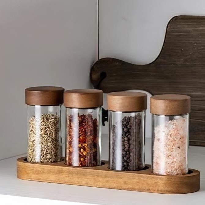 Botol Bumbu Dari Kaca 120Ml Tempat Bumbu Dapur Set 4 Pcs Spice Jar +Tutup Kedap Udara Toples Bumbu K