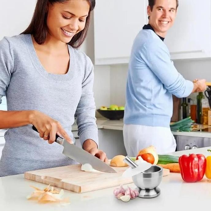 Cobek Stainless / Ulekan Stainless / Tumbukan Bumbu Dapur Dengan Tutup/Mortar Pestle Tumbukan Bumbu 