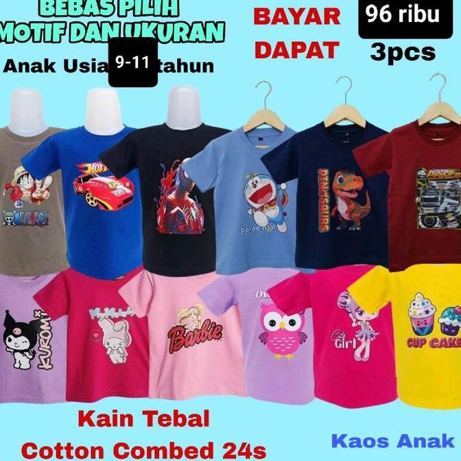 DF394>> Kaos anak cewek cowok 9-12 tahun paket 3 pcs katun combed 24s Hitam Putih Polos