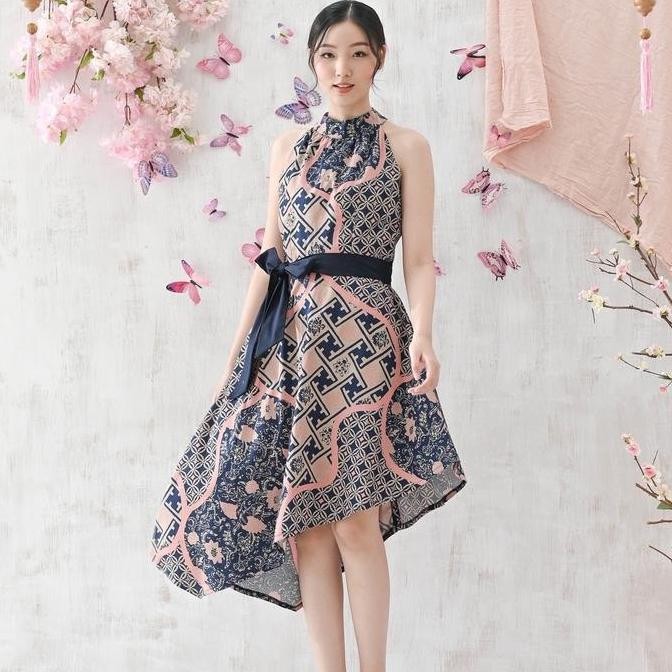 Promo Dress Batik Wanita Modern / Dres Pesta Kondangan Couple Pink Navy COD