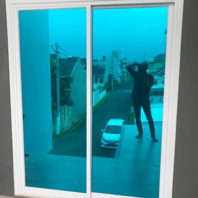 DF214>> sticker/sandblast/kaca film/one way silver biru