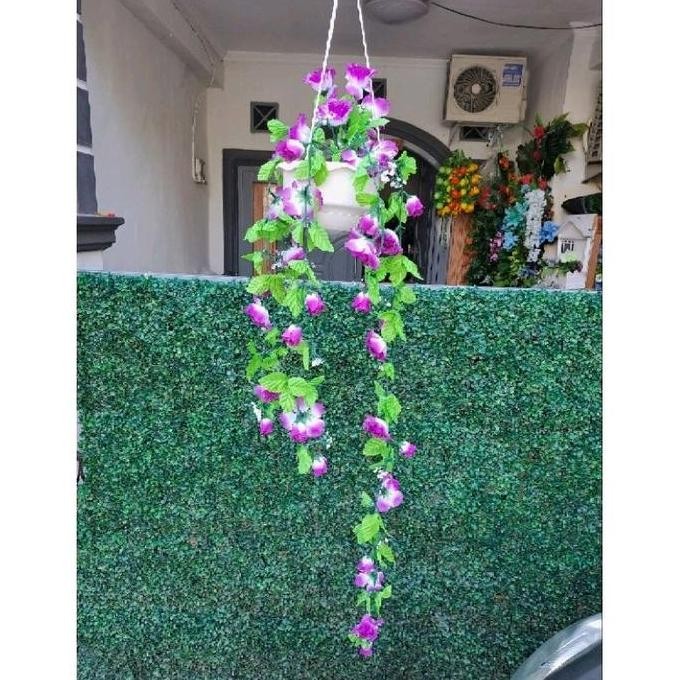 DF227>> Bunga Mawar Juntai 70cm dengan Pot Gantung Plastik dan Busa Cantik untuk Teras Rumah
