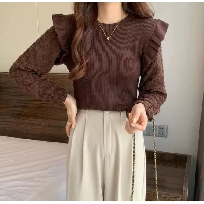 WEWEE Kenji Blouse mewah elegan 2024 ala korea Outer Wanita Atasan Bulu Knitwear