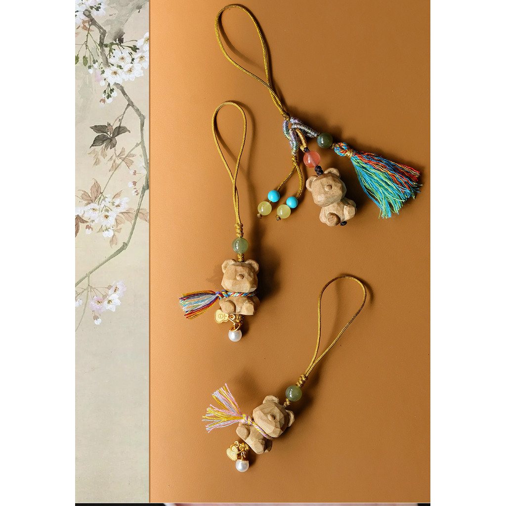 Gantungan Kunci Kayu Solid Beruang Boneka Kecil Gantungan Tas Kayu Telepon