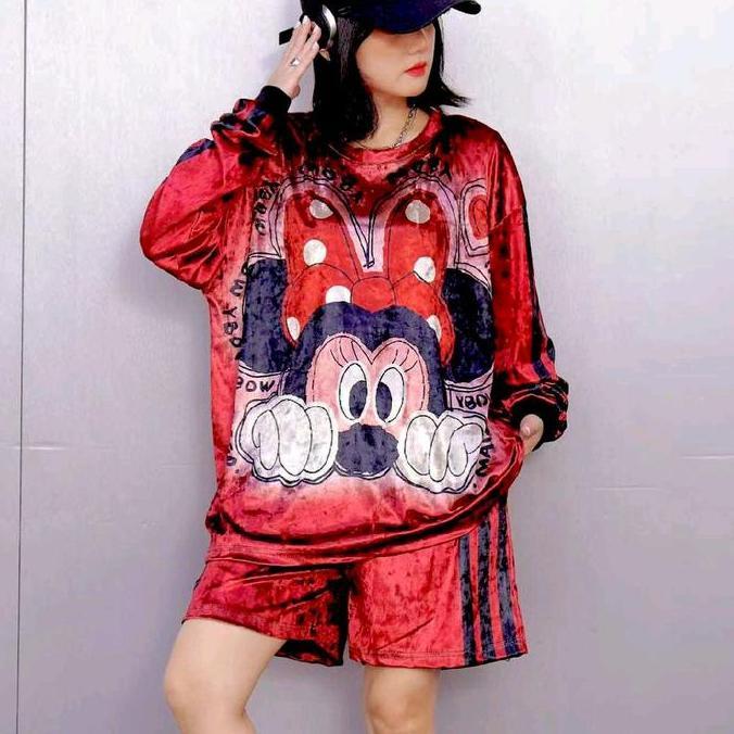 Coup- Setelan Bludru Lengan Panjang + Celana Pendek Velvet Set