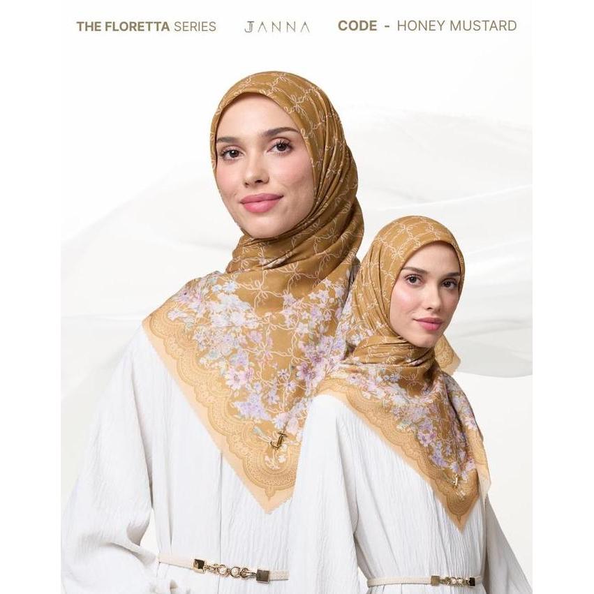 Scarf- Janna The Floretta Series Printing Scarf Hijab Segi Empat Motif Meh Cantik Lembut Pin Logo La