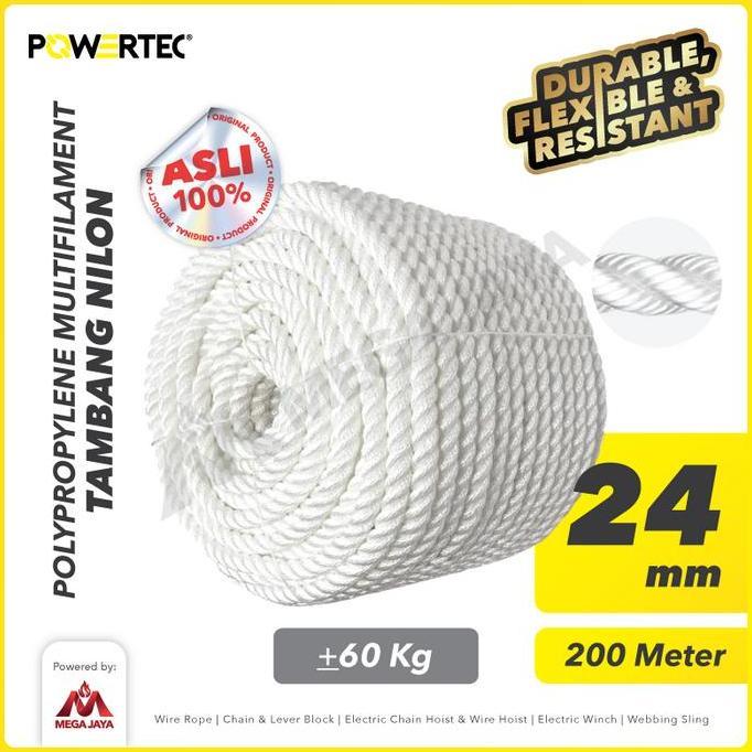 Ready POWERTEC Tambang Nylon / Nilon 24mm x 200m Polypropylene PP Multi Rope Non Cod