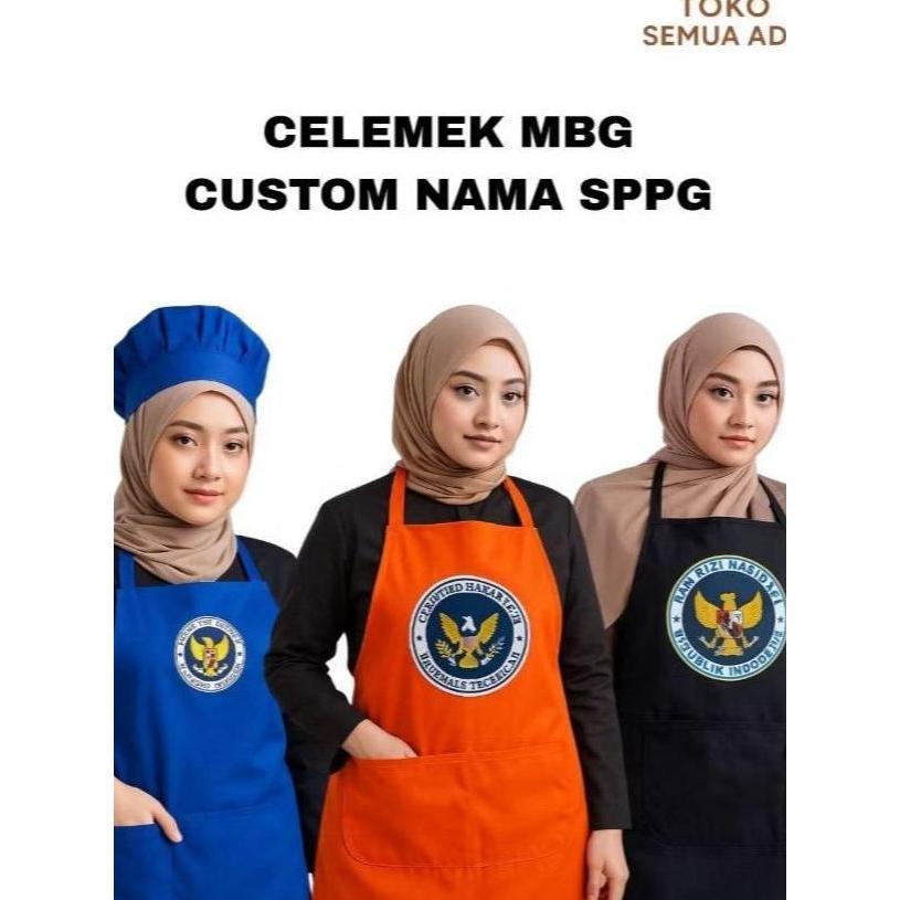Pilihan - Celemek Mbg / Celemek Sppg / Custom Sablon Dtf / Warna Biru - Orange