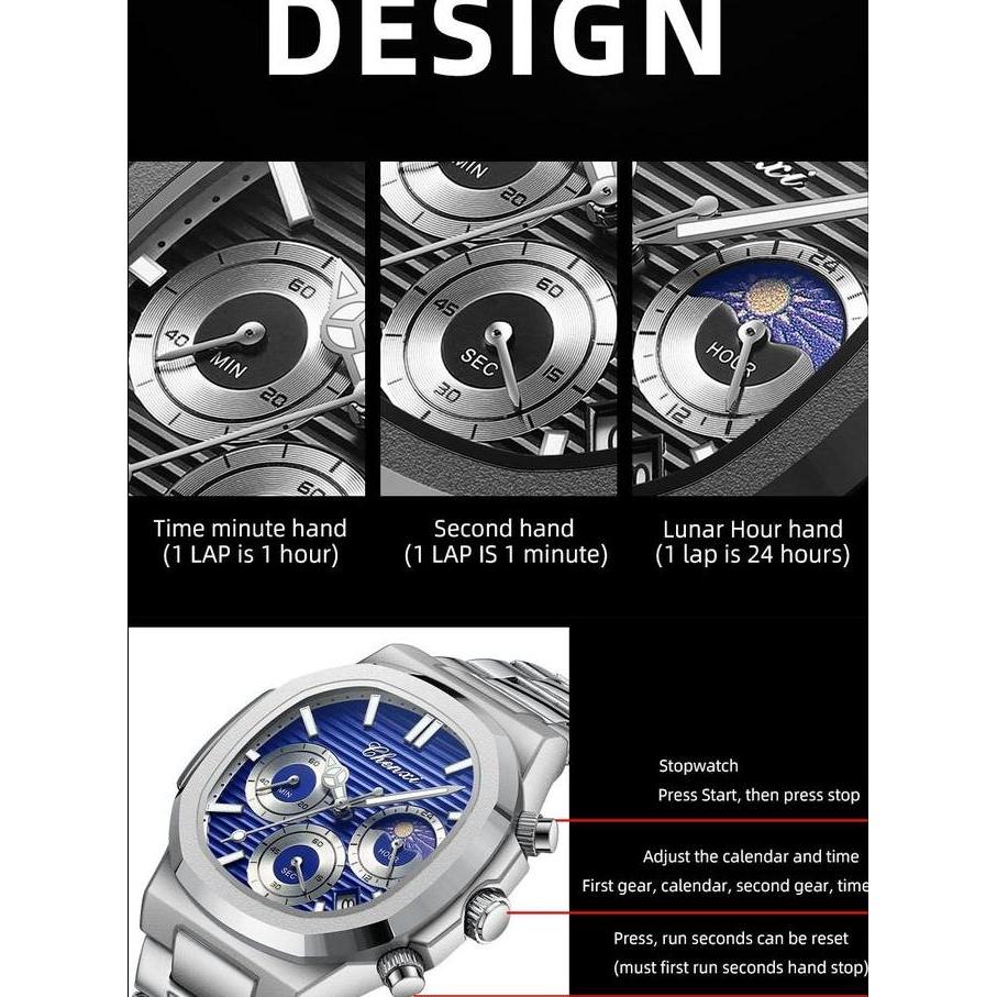 Watch- Cx 922 Jam Tangan Pria Baterai Kalender Chronograph Moon Phase Quartz Luminous Anti Air Tches