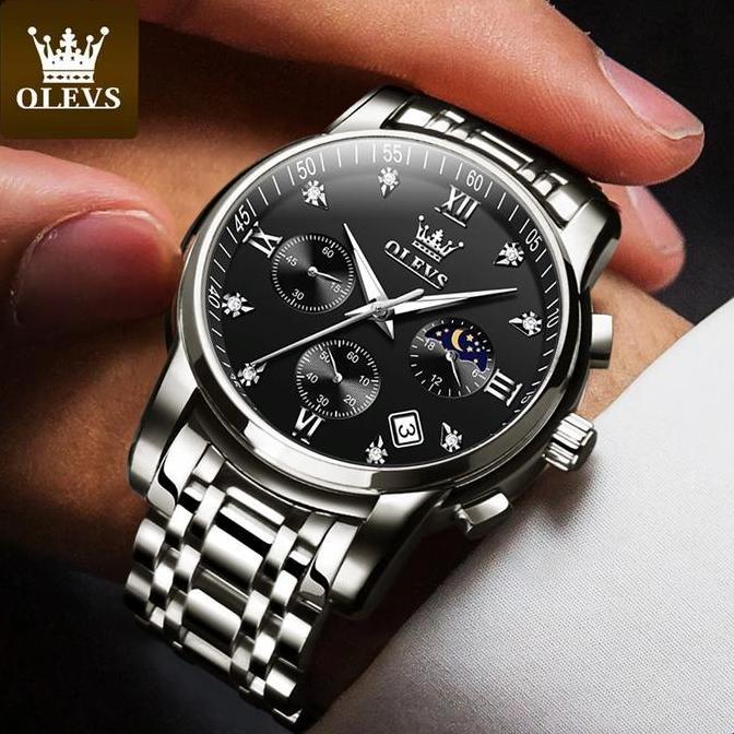 Watch- Olevs Jam Tangan Pria Anti Air Stainless Steel Chrono Aktif Cowok Luminous Kalender Analog Me