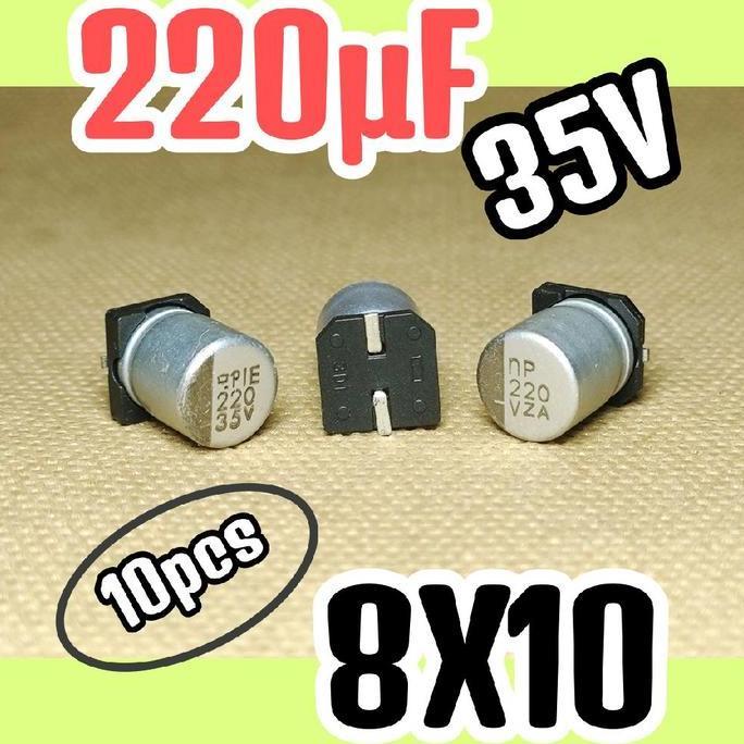10PCS SOLID KAPASITOR CAPASITOR ELKO ELCO SMD 35V 220UF 35V 220 UF 35 V 35 VOLT 8X10 ORIGINAL