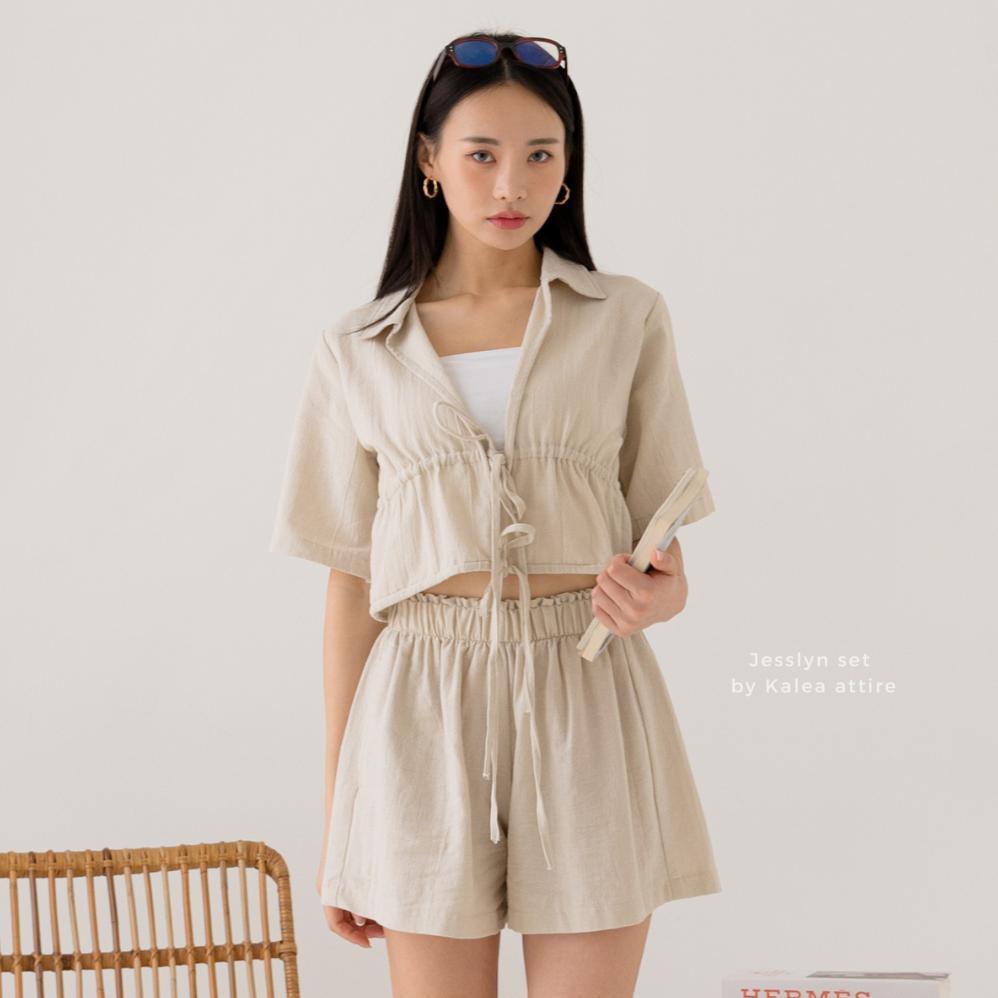 Jesslyn Set Linen By Kalea Attire | Setelan Wanita | Setelan Wanita Pantai Crop Top | One Set Baju C
