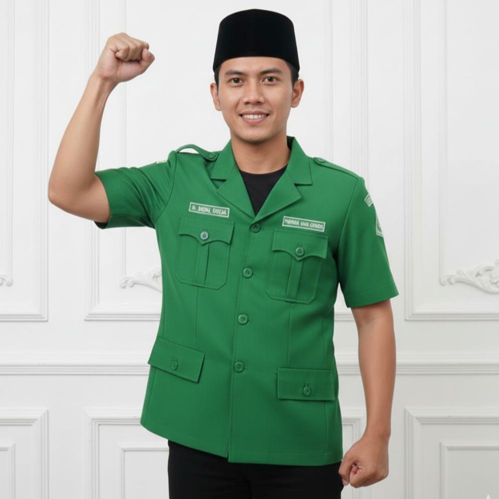 Diskon Jas Ansor Model Soekarno Hijau Resmi Nasional Free Bordir Nama & Jabatan