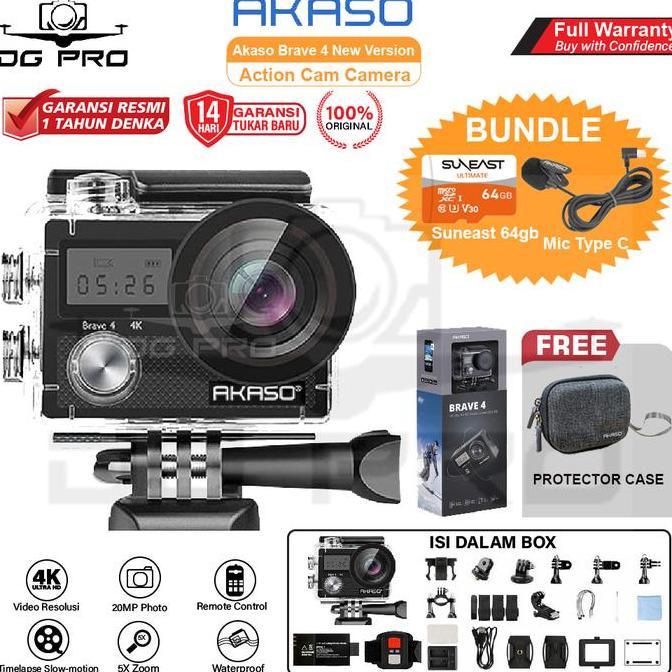 Akaso Brave 4 New Version Action Cam Camera Wifi 4K Waterproof + Remote Resmi