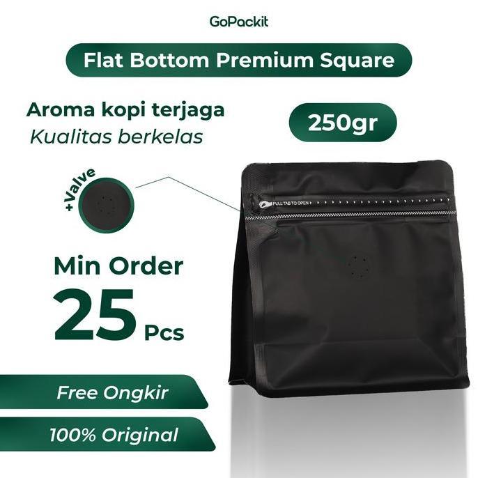 Kemasan Kopi 200 - 250 Gram Hitam Flat Bottom Wide Packaging Kopi