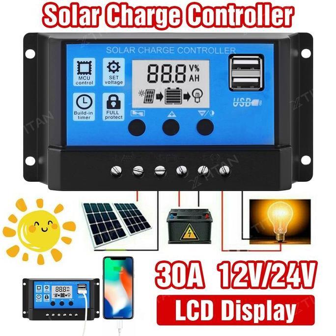 Solar Charge Controller LCD LED Display Solar Cell PWM 10A 20A 30A USB Panel Tenaga LCD Kecerdasan A
