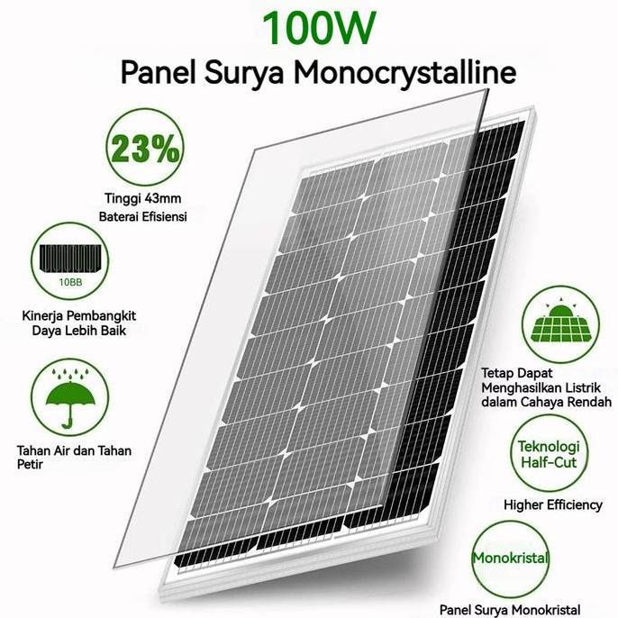Panel Surya 12V 100W Waterproof Solar Panel untuk Pembangkit Listrik Rumah, Pengisian Aki dan Sistem