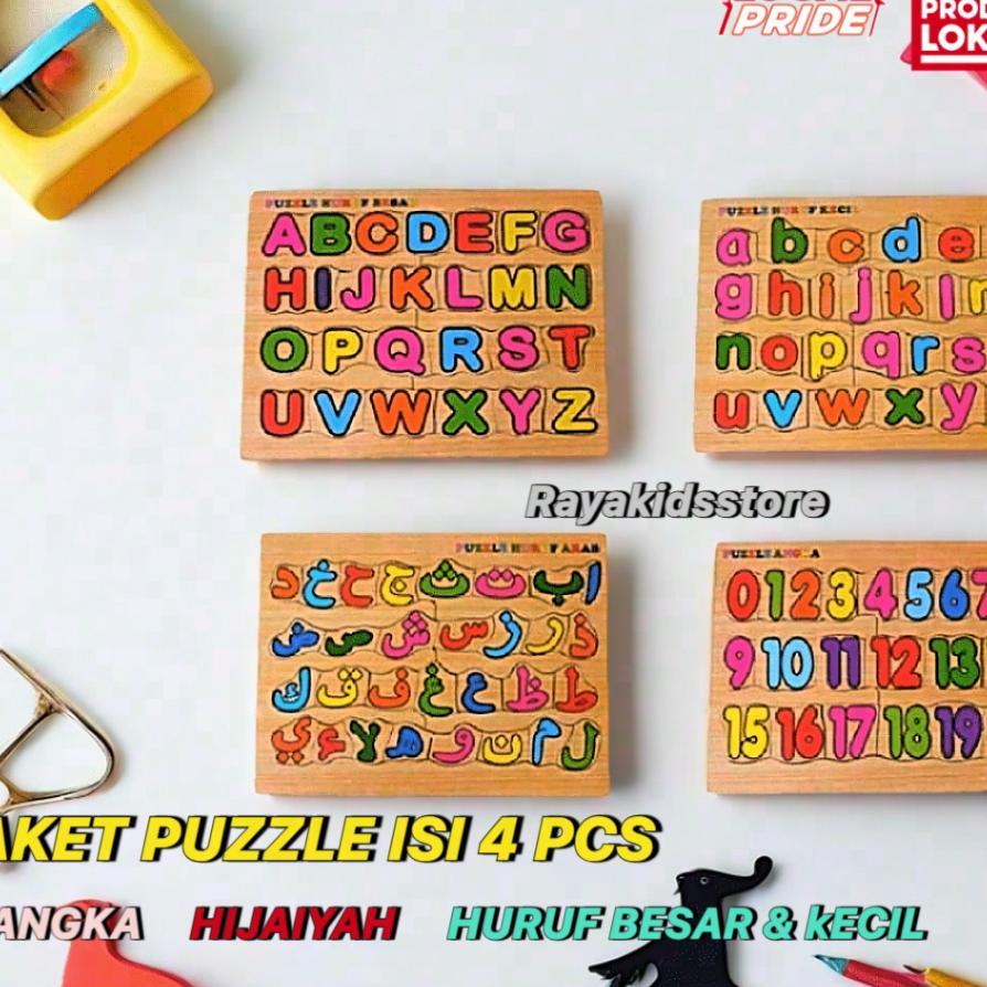 Paket 4 Puzzle Kayu Edukasi Bongkar Pasang Isi 4 Angka Huruf Besar Kecil Dan Hijaiyah