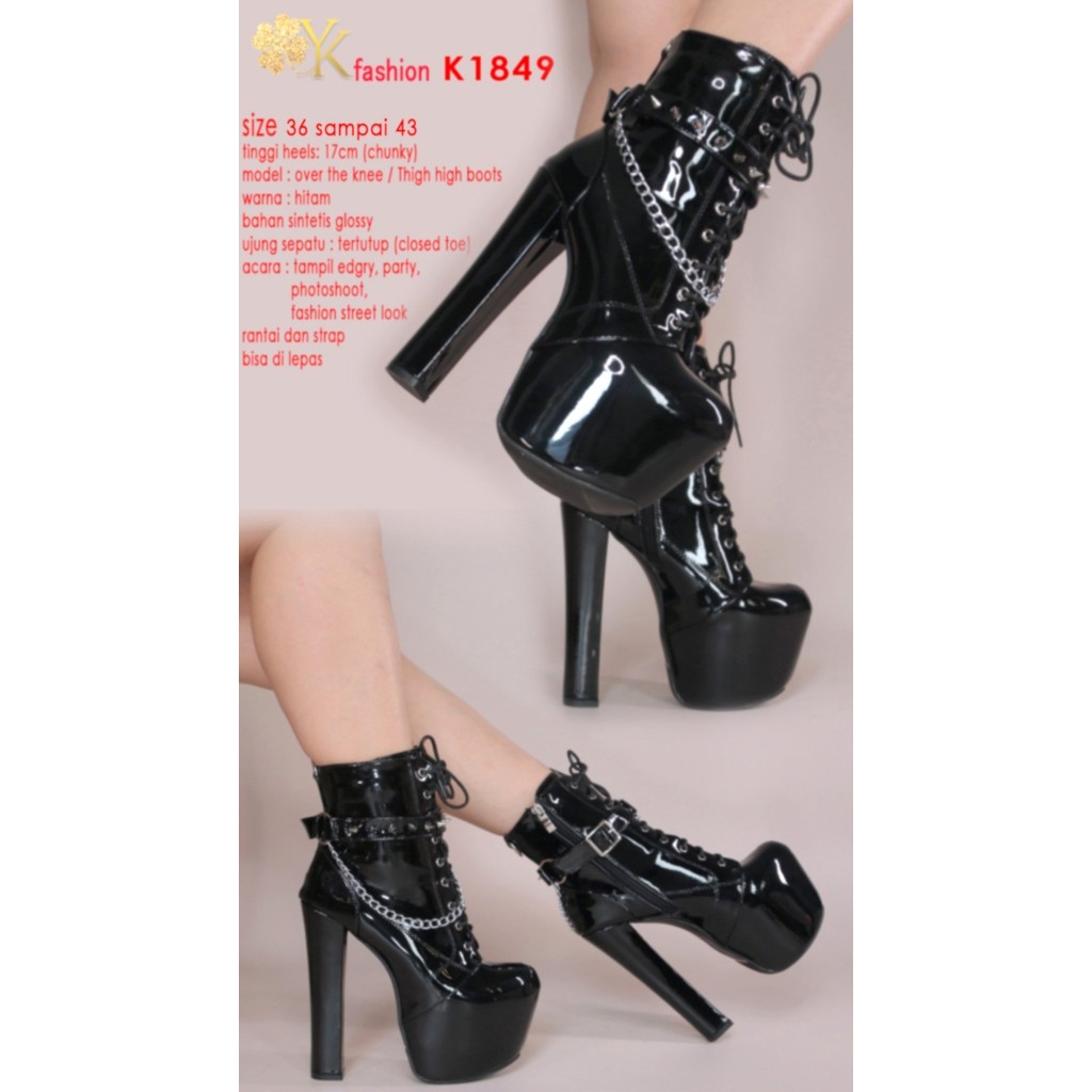 YKshoes 1849 heels 17cm boots angkle boots big chungky heels boots sepatu hak kotak boots tinggi war