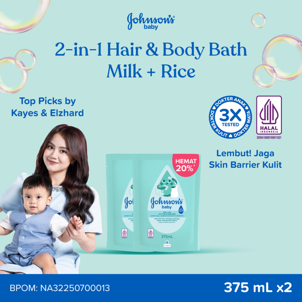 JOHNSON'S BABY Milk + Rice Hair & Body Bath 375ml Refill ISI 2 / Twinpack - Sabun Bayi 2in1, lembut,