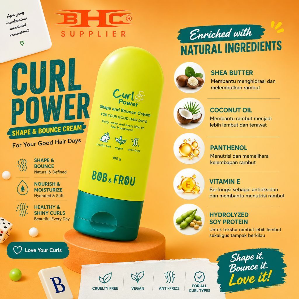 BOB & FROU Curl Power Shape & Bounce Cream 100g Cream Rambut Curly Styling Cream Rambut Keriting Ant