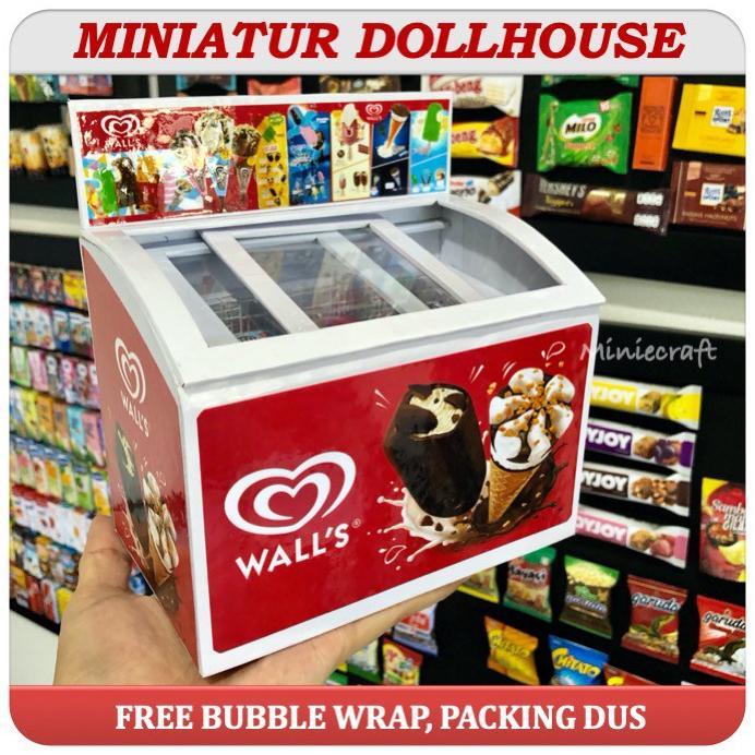 PAKET HEMAT MINIATUR FREEZER ICE CREAM & 12 PCS DOLLHOUSE ICE CREAM WALLS , AICE, CAMPINA