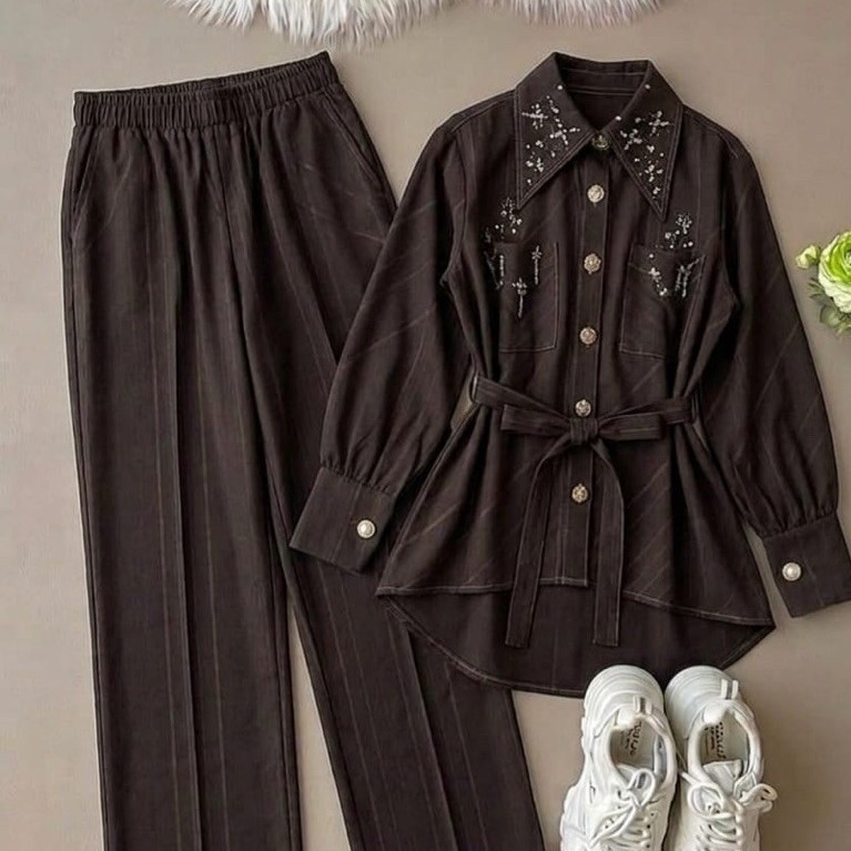Set Kemeja Payet Celana Kulot Katun Denim