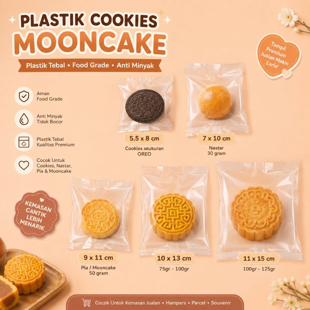Plastik Cookies Mooncake Food Grade Tebal | Kemasan OPP Transparan | Ukuran 5.5x8–11x15 | Untuk Oreo