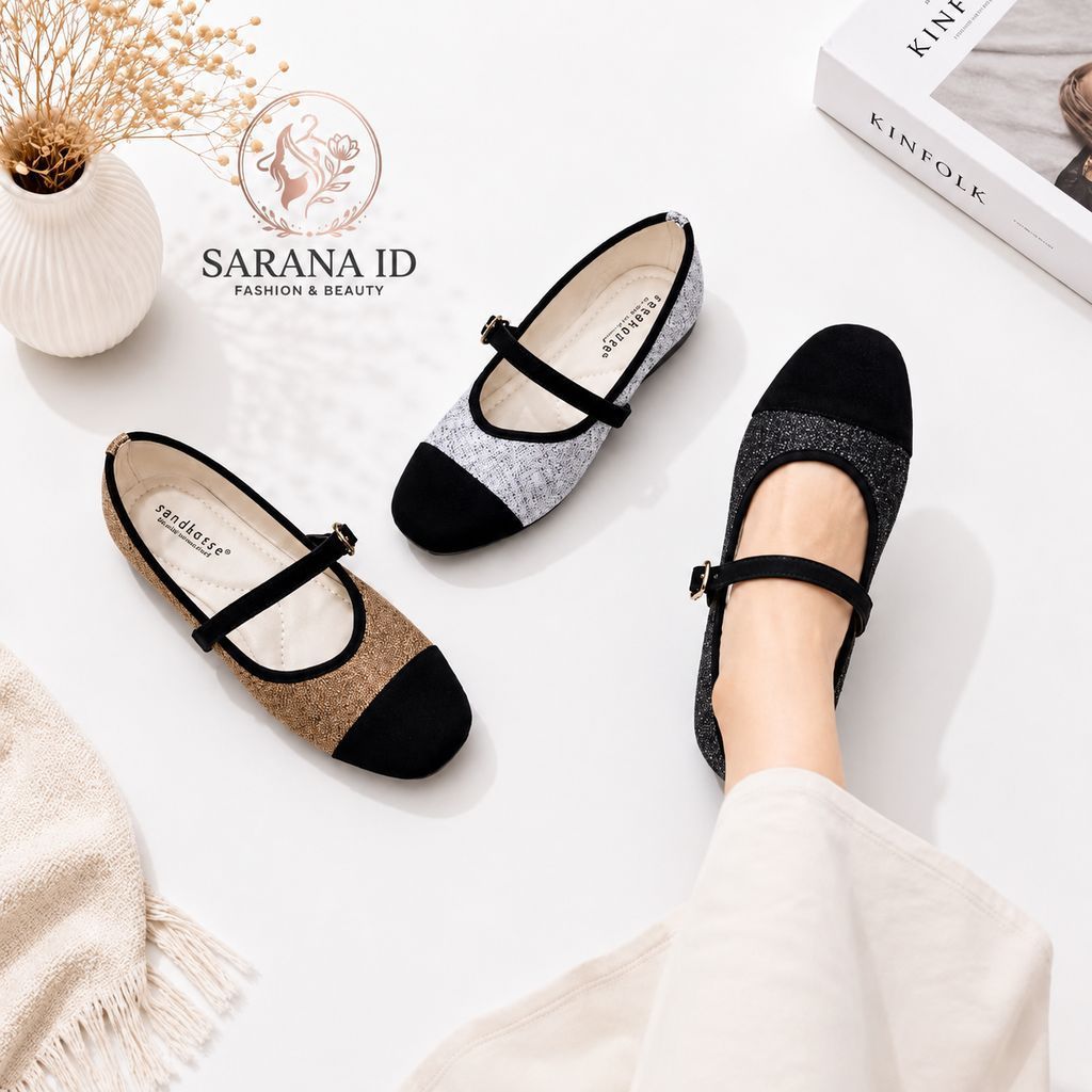 S018 Yasmine Tweed Flatshoes - Sepatu Sandal Flat Wanita Square Toe Mary Jane | SARANA ID