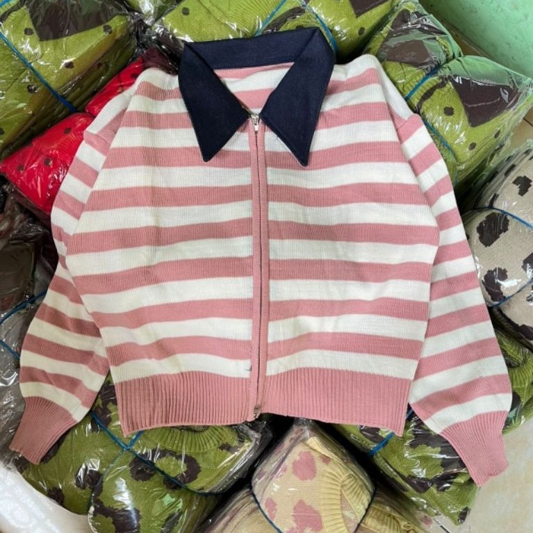 Cardigan Rajut Wanita Korean Style Kerah Jeans | Resleting Premium Lengan Panjang | Outer Rajut Keki