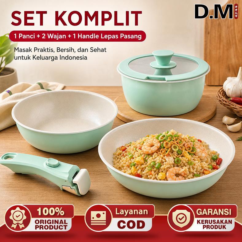 D.M Panci pegangan dapat lepas pasang warna hijau Panci Set rumah tangga anti-lengket set panci leng