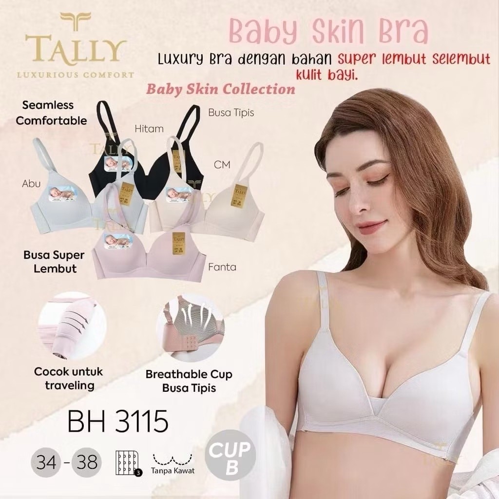 Tally 3115 BH Bra Baby Skin Tanpa Kawat Busa Tipis kait 3 cup B size 34-38