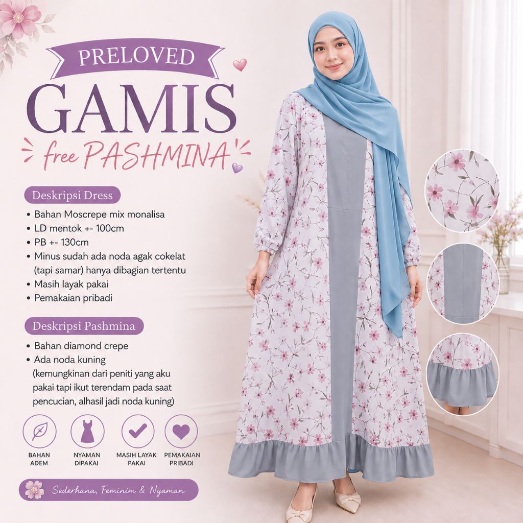 (PRELOVED) Dress Muslim Bunga free Pashmina panjang