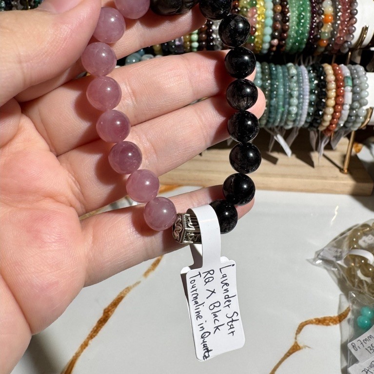 Natural Crystal Bracelet DIY lavender  Star Rose Quartz  Black Rutile with Silver sheen obsidian Pix