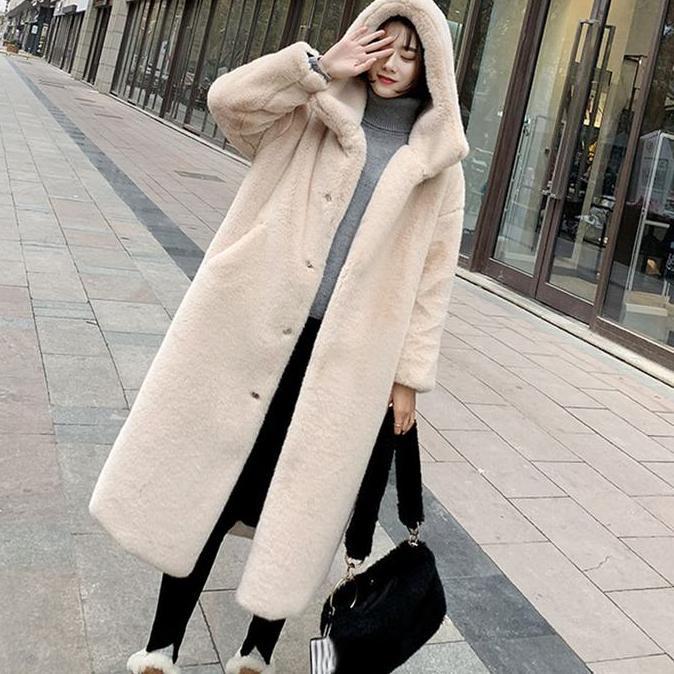 Jaket Coat Musim Dingin Wanita Korean Style Bulu Member Tebal Panjang Hitam - Outer, Vintage Casual 