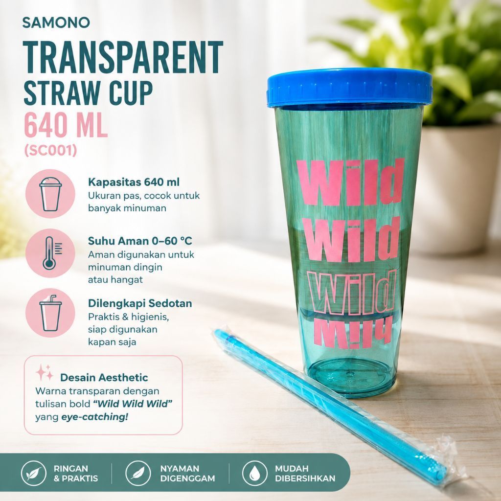 SAMONO Transparent Straw Cup 640 ml | Tumbler Transparan dengan sedotan 640 ml